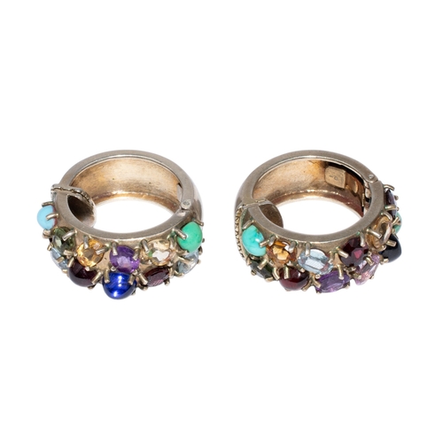 50 - ContinentalCirca 1960A pair of multi gem set hoop earringsSet throughout with cabochon and mixed cut... 