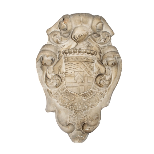 500 - Probably French18th century,A carved marble armorial cartouche, with a count's coronet and the insig... 