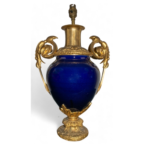 556 - Louis XVI styleA cobalt blue porcelain lamp with ormolu handles and mountDimensions:20 in. (H) x 11 ... 