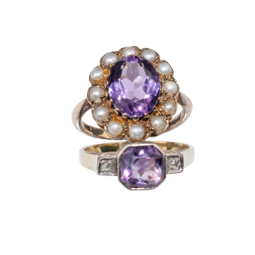 6 - ContinentalCirca 1920Two amethyst rings[a] An amethyst and diamond three stone ring[b] An amethyst a... 