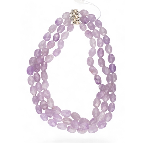 66 - ContinentalContemporaryA three row lavender coloured faceted amethyst bead necklaceTo a silver metal... 