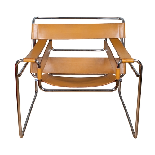 91 - Marcel BreuerA Wassily club chair Bent tubular steel and beige leatherThis iconic model was mad... 