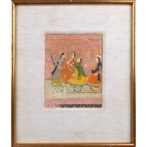 384 - Indian19th centuryA pair of miniature paintings, to include a courtly scene and a portrait of a godd... 