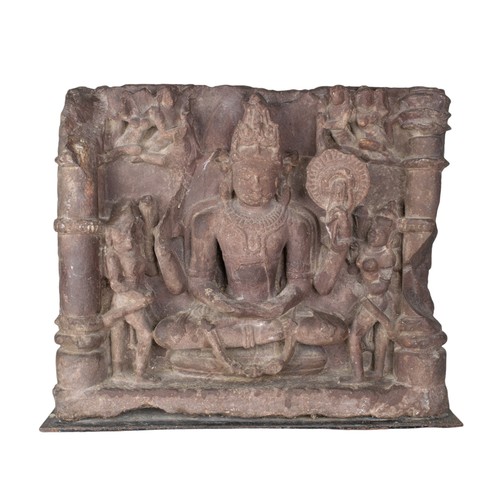 389 - Indian, 12th Century (?)A red sandstone high relief of a Hindu deity flanked by pillarsRed sandstone... 