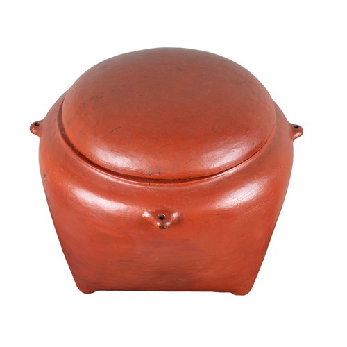 401 - 19th/20th century, AsianA red-lacquered wood container with four pierced handlesDimensions:12 in. (H... 