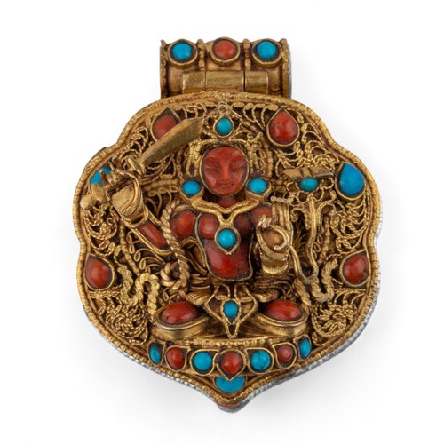 434 - Tibeto-Nepalese, 19th CenturyA ghau (travel amulet) in yellow gold on silver with turquoise and cora... 