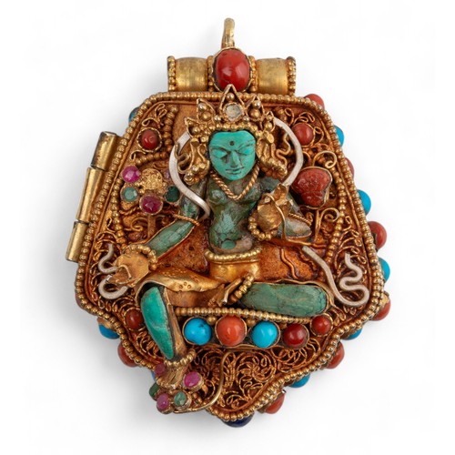 435 - Tibeto-Nepalese, 19th CenturyA ghau (travel amulet) in yellow gold on silver with turquoise, lapis l... 