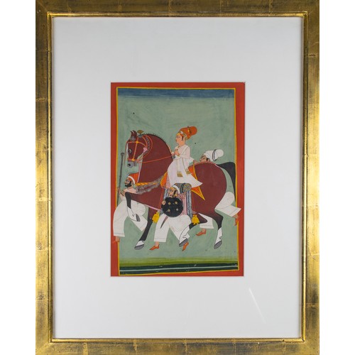 371 - Rajasthan School19th CenturyAn Indian miniatureDepicting a nobleman on horseback with three armed at... 