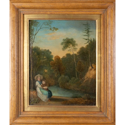 251 - Colonial Schoolc. 1800Mother and child, with wooded landscape and pond beyond Oil on panelDimen... 