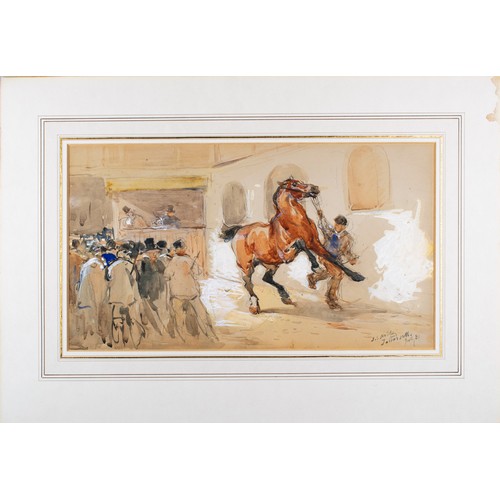 268 - John Sargent Noble R.B.A. (British, 1848-1896)Tattersalls July 1881The sale ring with a stallion bei... 