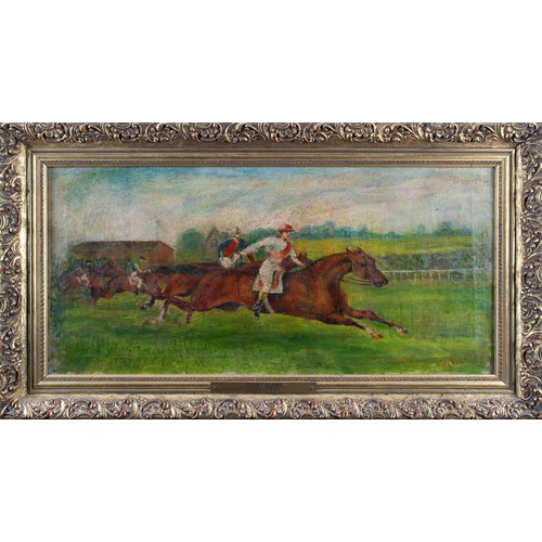 349 - After Henry Alken (British, 1785-1851)Racing sceneOil on canvasDimensions:(Frame) 16.5 in (H) x 30 i... 