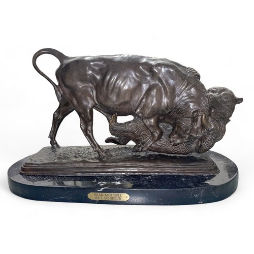 162A - Isidore Bonheur (1827 – 1901, French)A bull and bear1900Bronze on a marble baseSigned and datedDimen... 