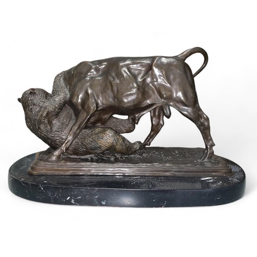 162A - Isidore Bonheur (1827 – 1901, French)A bull and bear1900Bronze on a marble baseSigned and datedDimen... 