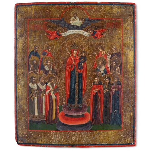 207 - Russian, 18th centuryIcon of the Madonna and Child surrounded by saintsTempera and gold leaf on pane... 