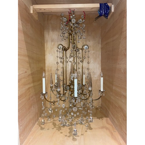 130 - Late 19th/Early 20th centuryA pair of five branch chandeliersLacquered brass and glassWith tubular s... 