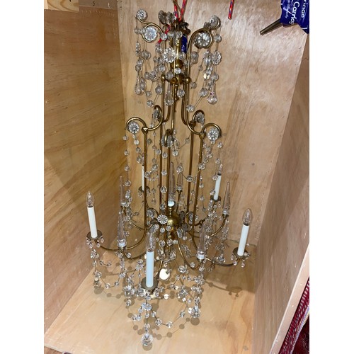 130 - Late 19th/Early 20th centuryA pair of five branch chandeliersLacquered brass and glassWith tubular s... 