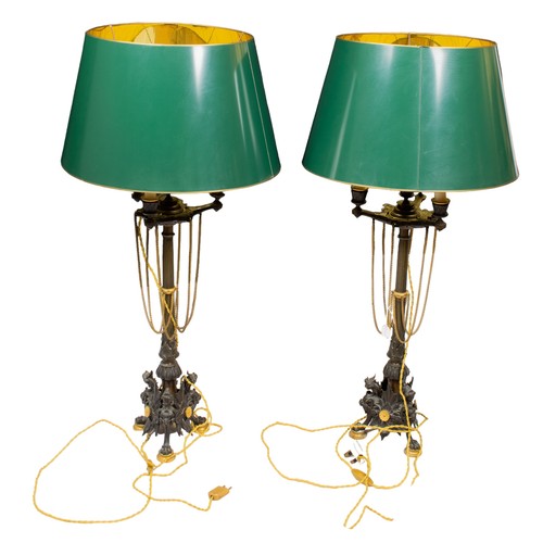 552A - French19th CenturyA pair of bouillotte lamps, with green tole shadesDimensions:36 in. (H)... 