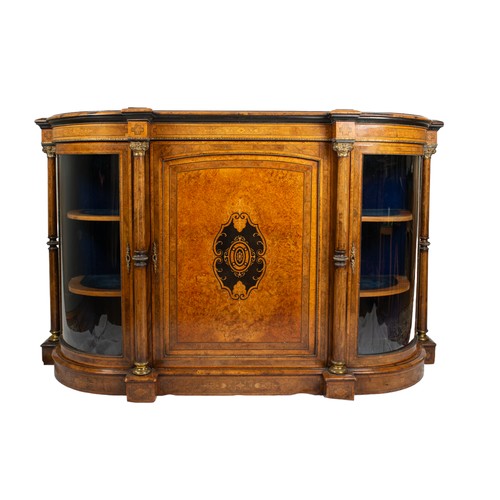 99A - BritishVictorianA burr walnut inlaid credenzaWith ormolu fittings and ebony marquetry to central pan... 