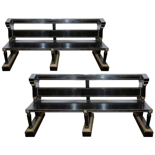 109A - Manner of Thomas Hope (1769-1831)19th CenturyA pair of ebonised hall benches, each with classical co... 