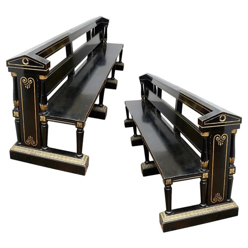 109A - Manner of Thomas Hope (1769-1831)19th CenturyA pair of ebonised hall benches, each with classical co... 