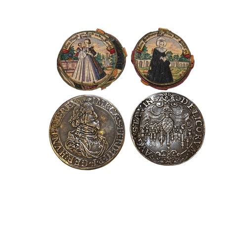 64A - Antique, GermanA Ferdinand III Augsburg Taler coin hollowed out with fourteen hand-painted portraits... 