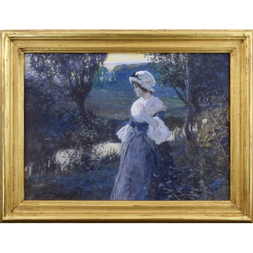 263 - Sir Alfred Munnings (British, 1878-1959)A young girl in a water meadow1903Oil on boardSigned 'AJ Mun... 