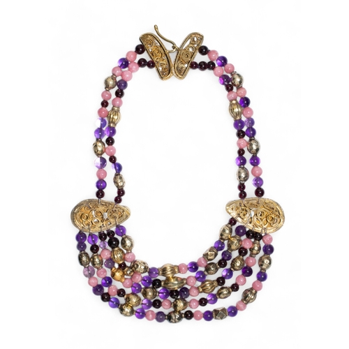 62 - Eileen CoyneAmericanContemporaryA five row festooned amethyst, rose quartz and garnet necklaceWith s... 