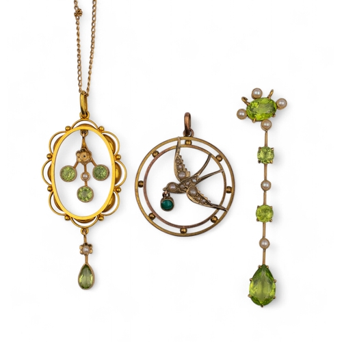 72 - British, EdwardianThree gold pendants.A 15 carat gold split pearl and peridot pendant and a yellow g... 