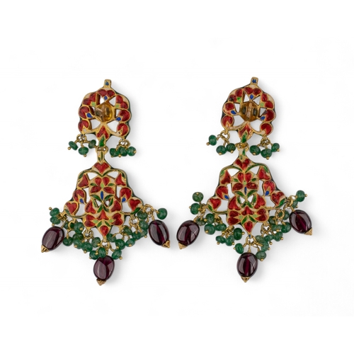 74 - Jaipur Indian, Circa 1980sAn attractive pair of flat-cut diamond, enamel and emerald pendant earring... 