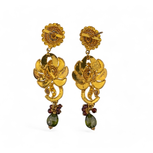 78 - Indian, ContemporaryA pair of gem-set yellow gold pendant earrings of foliate leaf design.Enamelled ... 