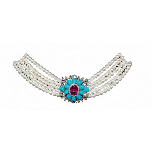 97 - ContinentalAn impressive five row cultured pearl, diamond, turquoise and red tourmaline choker neckl... 