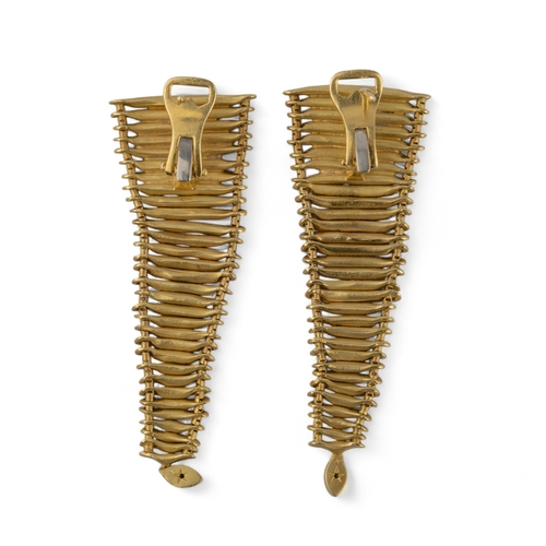 118 - ContemporaryA pair of yellow gold and diamond 1970s style pendant earrings of graduated ladder with ... 