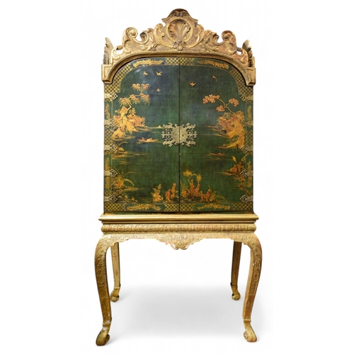 179 - Queen Anne18th CenturyA fine green lacquer cabinetDecorated with Chinese figures and lakeside pavili... 