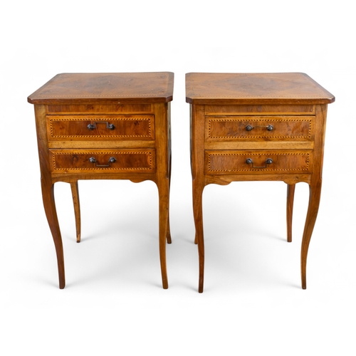 199 - French19th CenturyA pair of fruitwood Louis XVI style, tulipwood and kingswood inlay side cabinetsWi... 