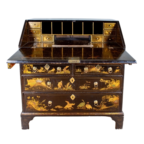 208 - AntiqueChinoiserieA black lacquered bureau, with oriental scenes including horse and rider. A coat o... 