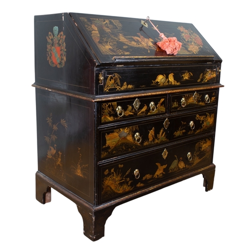 208 - AntiqueChinoiserieA black lacquered bureau, with oriental scenes including horse and rider. A coat o... 