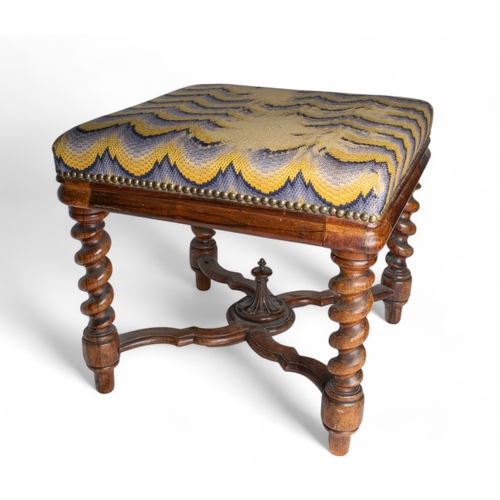 217 - EnglishLate 17th centuryA William and Mary walnut stool with barley twist legs and an x-form stretch... 