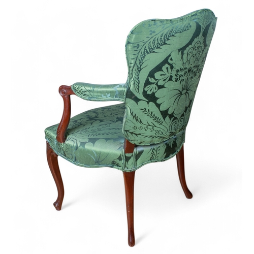 253 - English, 19th Century (?)A pair of mahogany carvers with dark green damask upholsteryTo be sold with... 