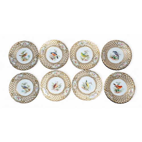 303 - MintonA dessert set of six plates and two compote dishes. Hand painted with birds in the central rou... 