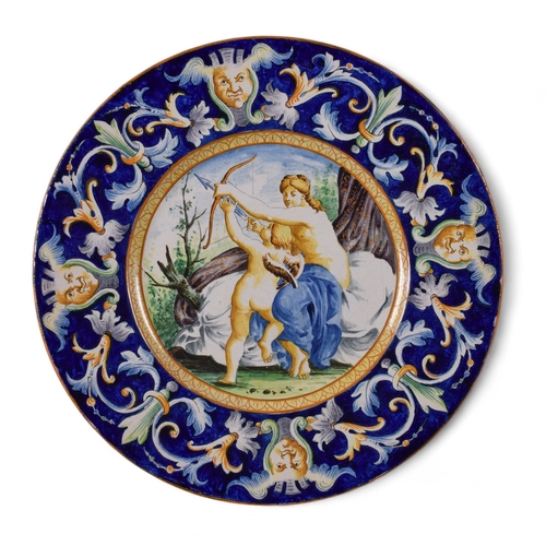 304 - Three Italian majolica chargers depicting classical subjects, including a pair depicting Venus and C... 