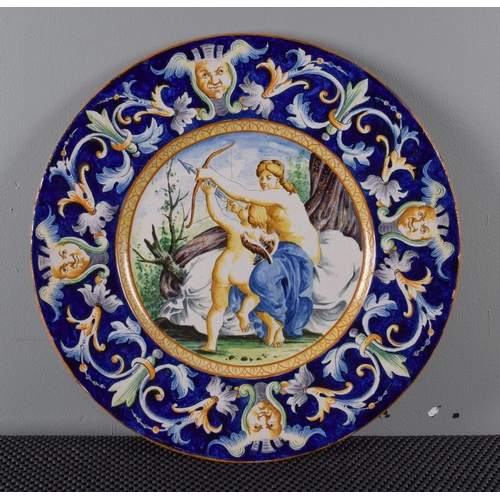 304 - Three Italian majolica chargers depicting classical subjects, including a pair depicting Venus and C... 