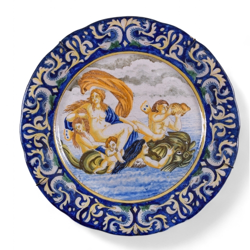 304 - Three Italian majolica chargers depicting classical subjects, including a pair depicting Venus and C... 