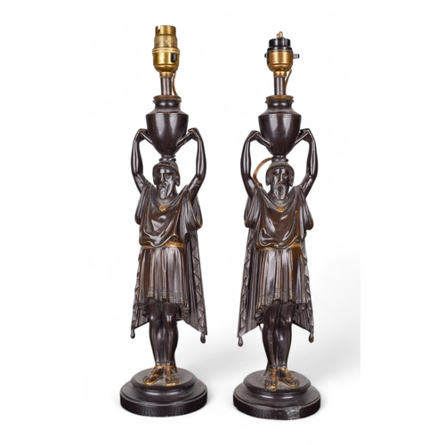 322 - Early 19th centuryA pair of bronze and gilt table lamps with classical male figures holding urnsMost... 