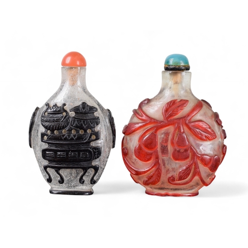 339 - Chinese19th CenturyPeking glass cameo snuff bottlesOne black and natural crystal with precious objec... 