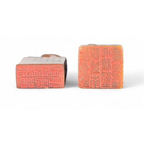 348 - Chinese19th CenturyTwo soapstone kylins Seals on baseDecorated with calligraphyProperty of a ge... 