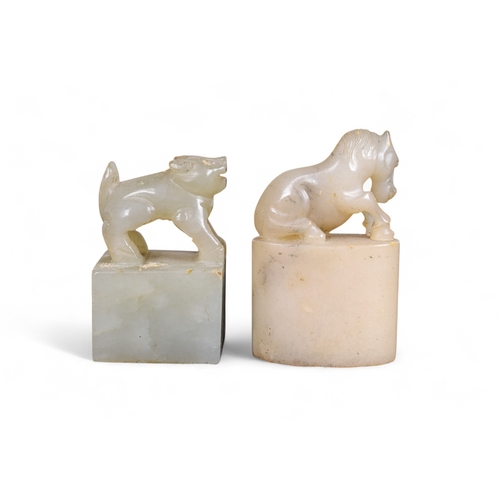 351 - ChineseLate 19th CenturyTwo mutton fat coloured jade seals of a horse and a kylinProperty of a gentl... 