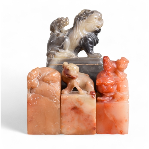 358 - Chinese19th CenturyFour various soapstone seals including a finely carved double kylin seal in ... 