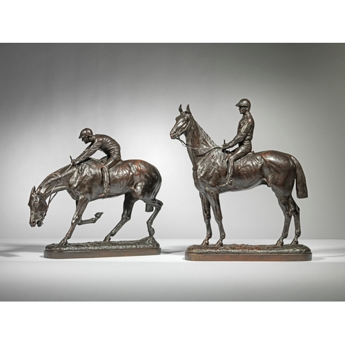 401 - John Willis Good (British, 1845 - 1879)Pair of Racehorses and Jockeysc. 1875Bronze with a brown pati... 