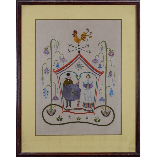 506 - A collection of four framed crewel work panels and a needlepoint portrait of a man and womanProperty... 