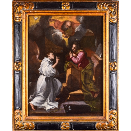 514 - Spanish School, 17th CenturyThe AnnunciationOil on canvasDimensions:(Frame) 29 in. (H) x 23.5 in. (W... 